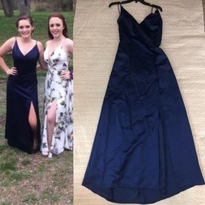 Satin Dark Blue Ball Prom Dress with Slit&Low Back